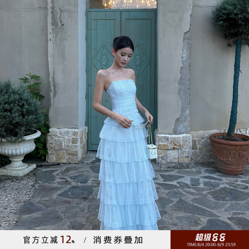 Venuie Light Blue Fishbone Tube Top Dress Cake Skirt Engagement Birthday Light Dress Seaside Vacation Long Dress Venuie Light Blue Fishbone Tube Top Dress Cake Skirt Engagement Birthday Light Dress Seaside Vacation Long Dress