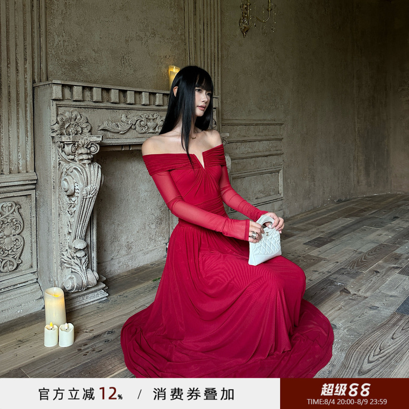 Venuie French Style One-Shoulder V-Neck Slim Pleated Christmas Red Evening Dress Long-Sleeved Mesh Dress