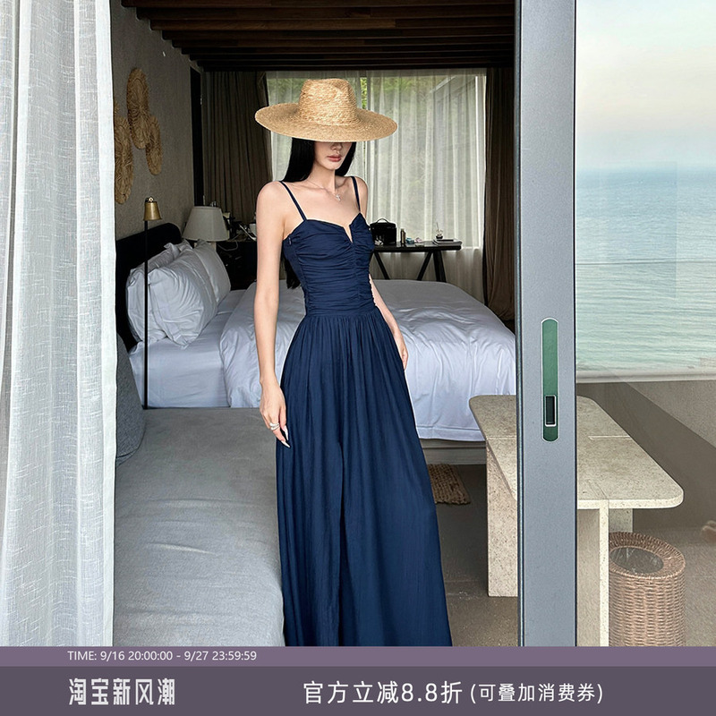 Venuie French-Style Navy Blue Beach Photo Shoot Vacation Slip Dress Long Dress for Photo Shoots and Outfits