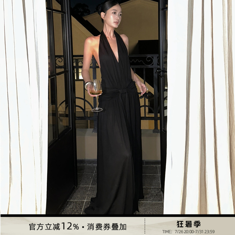 Venuie French Hepburn Style Black V-Neck Halter Dress, Light Evening Dress, Long Birthday Backless Dress