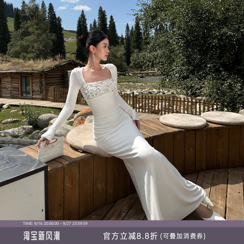Venuie White Long-Sleeved Knitted Dress Square Neck Slim Fit Hip-Hugging Dress Birthday Party Light Dress Holiday Long Dress Venuie White Long-Sleeved Knitted Dress Square Neck Slim Fit Hip-Hugging Dress Birthday Party Light Dress Holiday Long Dress