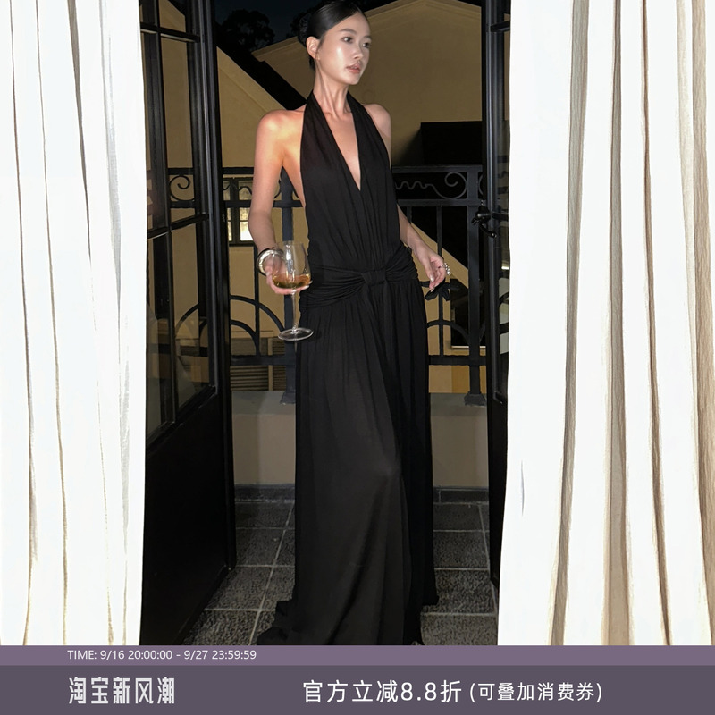 Venuie French Hepburn Style Black V-Neck Halter Dress, Light Evening Dress, Long Birthday Backless Dress Venuie French Hepburn Style Black V-Neck Halter Dress, Light Evening Dress, Long Birthday Backless Dress