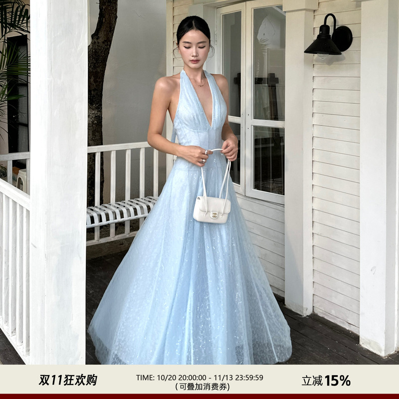 Venuie Blue Lace Halter Dress Deep V-Neck Waist-Cinching Elegant Long Dress Birthday Coming-Of-Age Ceremony Light Formal Dress for Women