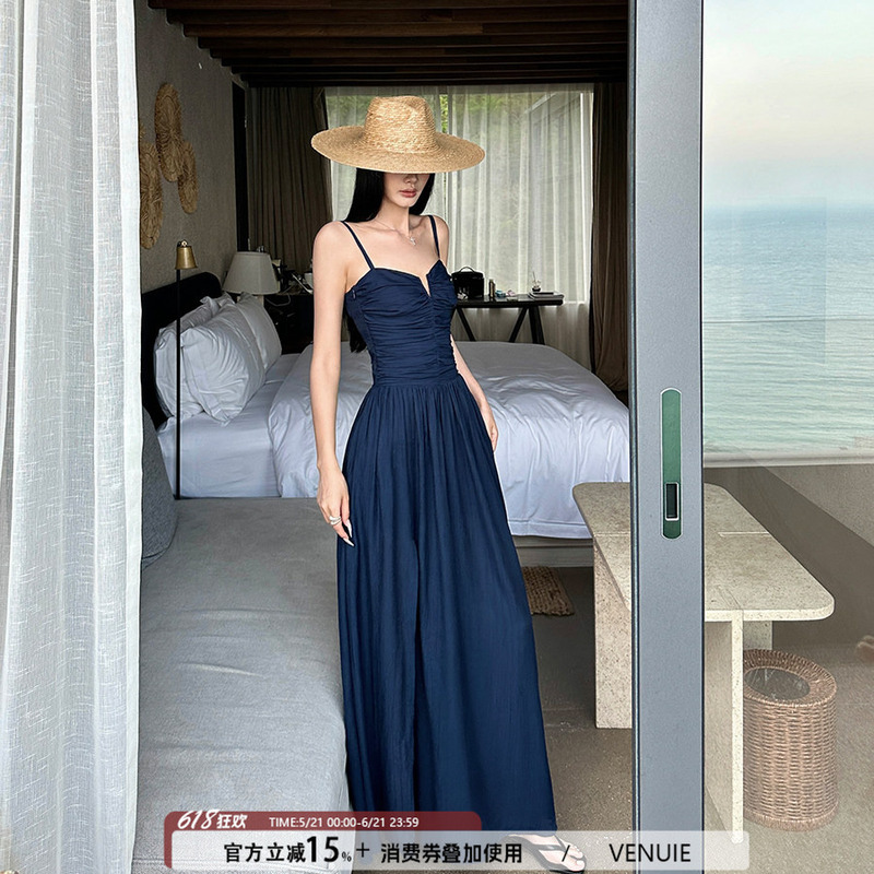 Venuie French-Style Navy Blue Beach Photo Shoot Vacation Slip Dress Long Dress for Photo Shoots and Outfits