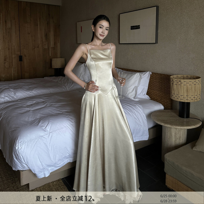 Venuie Champagne-Colored Satin Suspender Dress Birthday Coming-Of-Age Ceremony Engagement Dress French Style Long Dress Venuie Champagne-Colored Satin Suspender Dress Birthday Coming-Of-Age Ceremony Engagement Dress French Style Long Dress