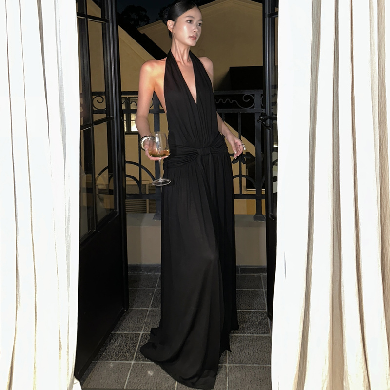Venuie French Hepburn Style Black V-Neck Halter Dress, Light Evening Dress, Long Birthday Backless Dress Venuie French Hepburn Style Black V-Neck Halter Dress, Light Evening Dress, Long Birthday Backless Dress