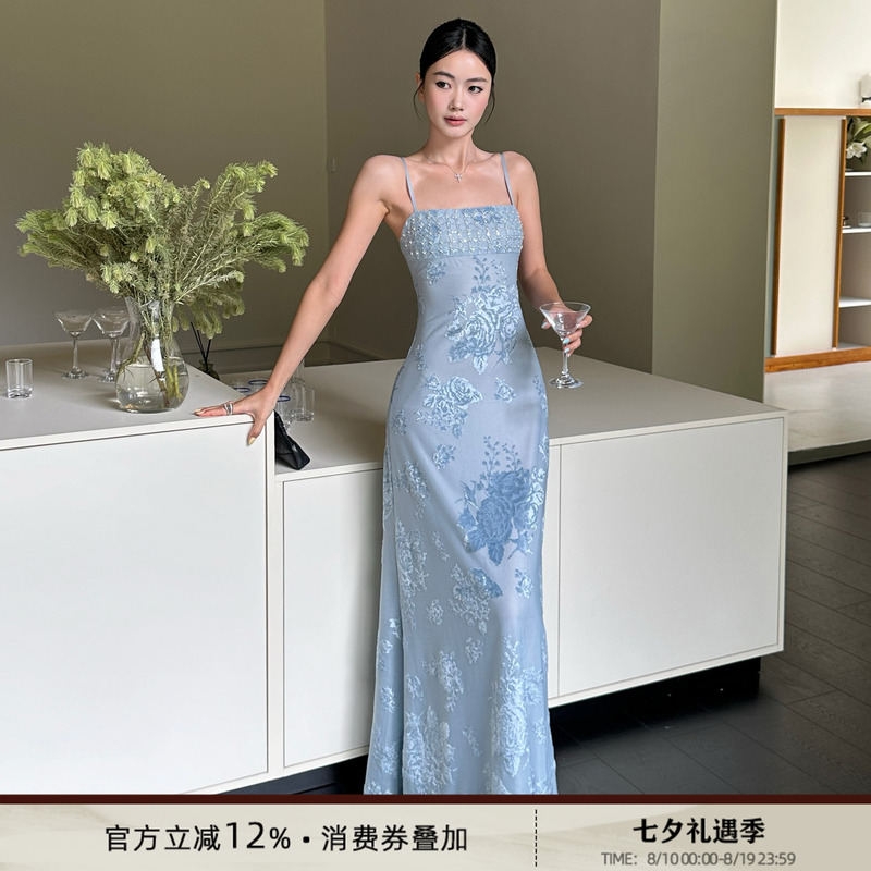 Venuie French-Style Blue Spaghetti Strap Dress, New Chinese-Style Dress, Birthday Evening Dress, Light Dress, Seaside Vacation Long Dress