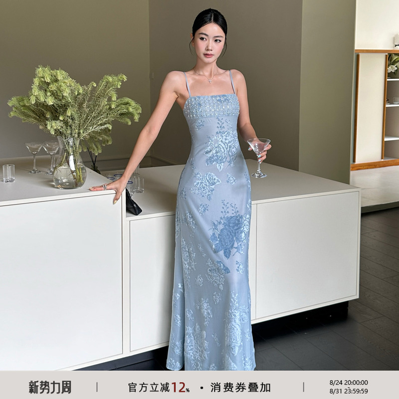 Venuie French-Style Blue Spaghetti Strap Dress, New Chinese-Style Dress, Birthday Evening Dress, Light Dress, Seaside Vacation Long Dress