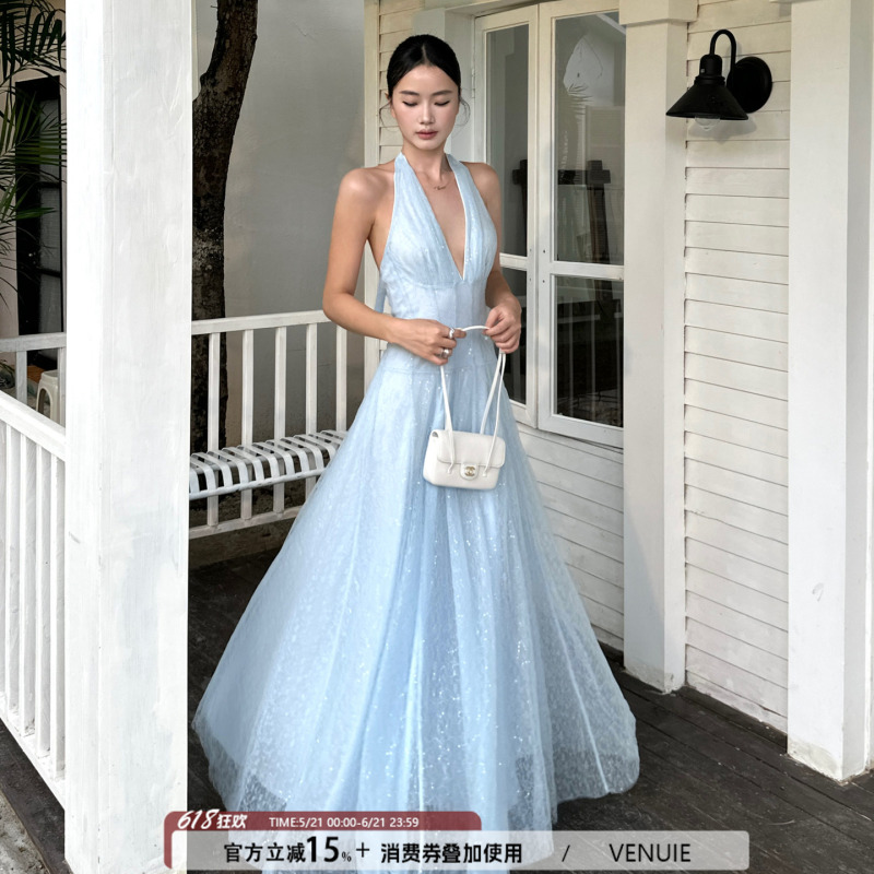 Venuie Blue Lace Halter Dress Sexy Deep V Waist-Cinching Long Dress Birthday Coming-Of-Age Ceremony Graduation Dress Venuie Blue Lace Halter Dress Sexy Deep V Waist-Cinching Long Dress Birthday Coming-Of-Age Ceremony Graduation Dress