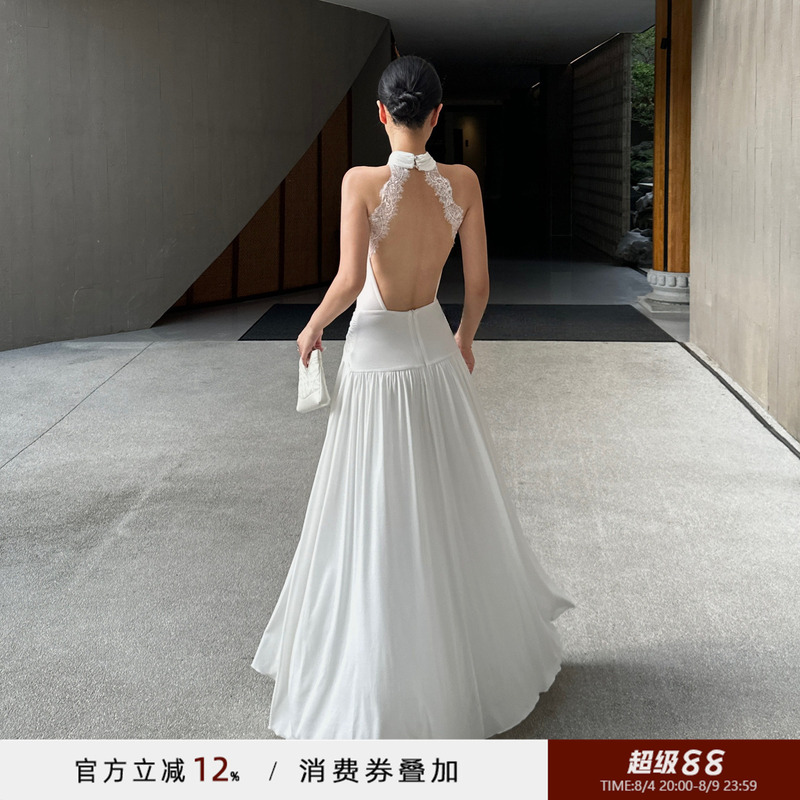 Venuie French White Halterneck Dress Coming-Of-Age Ceremony Birthday Engagement Dress Sexy Holiday Backless Long Dress