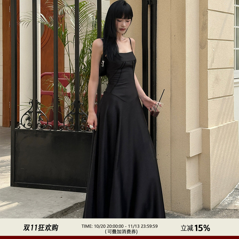 Venuie Black Spaghetti Strap Dress, French Style Elegant Gown, 1 Party Birthday Annual Meeting Satin High-End Long Dress Venuie Black Spaghetti Strap Dress, French Style Elegant Gown, 1 Party Birthday Annual Meeting Satin High-End Long Dress