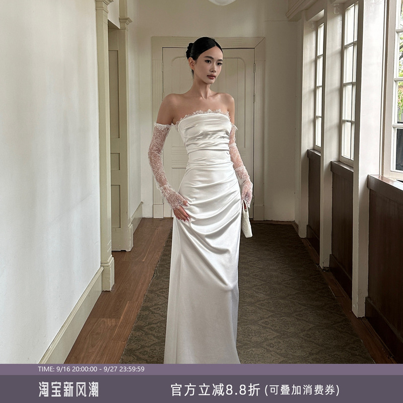 Venuie French Satin Annual Meeting Banquet Dress Strapless White Birthday Engagement Light Dress Graduation Long Dress Venuie French Satin Annual Meeting Banquet Dress Strapless White Birthday Engagement Light Dress Graduation Long Dress