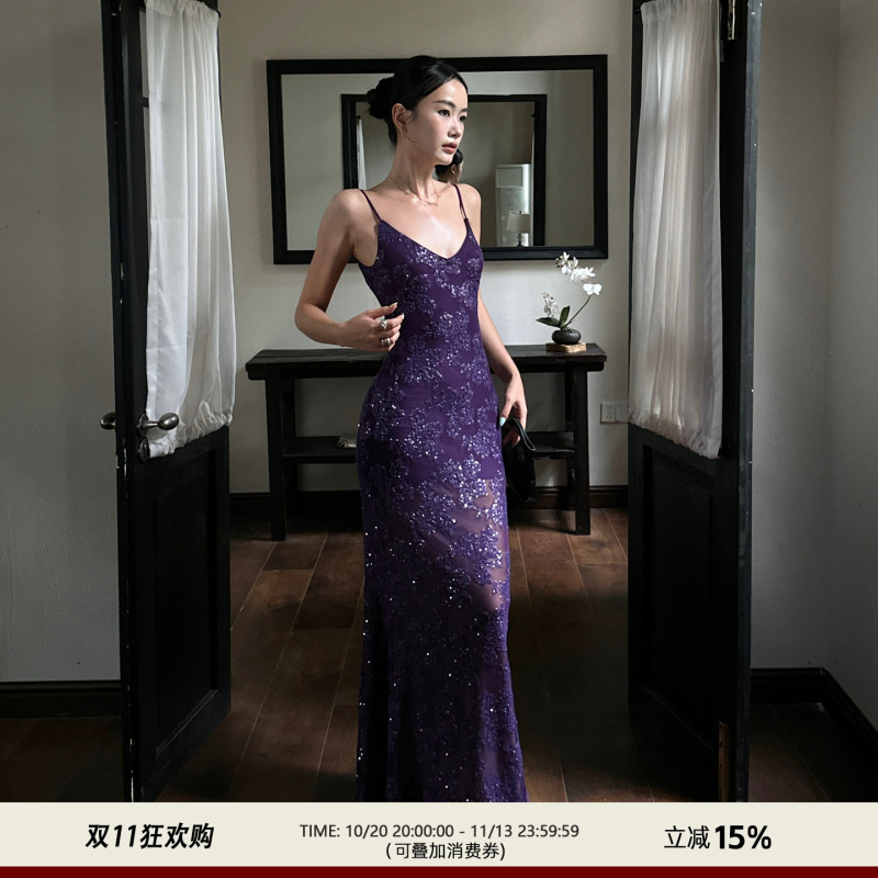 Venuie Purple Sequin Suspender Dress Sexy Backless Fishtail Skirt Birthday Party Dress Long Dress Venuie Purple Sequin Suspender Dress Sexy Backless Fishtail Skirt Birthday Party Dress Long Dress