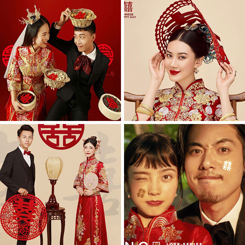 Costume wedding photography props hand holding happy bride headdress red flannel happy word Chinese style festive supplies double happiness