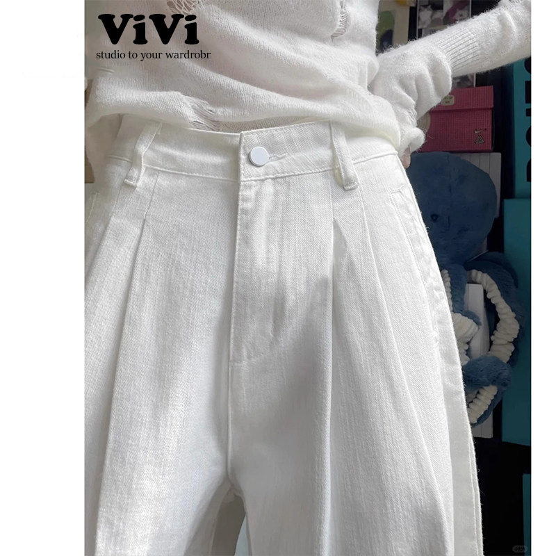 White Pleated High-Waisted Straight-Leg Jeans for Women, 2026 Spring/Summer New Style, High-End Minimalist Loose-Fitting Floor-Length Wide-Leg Pants