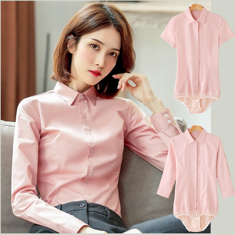 Fruity Pink High-End Short-Sleeved One-Piece Shirt for Women, No-Iron, Anti-Wrinkle, Long-Sleeved Jumpsuit Shirt, Professional Work, Slim Fit, Stretchy