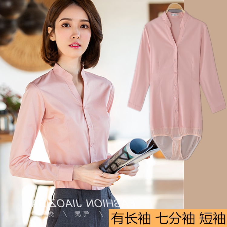 High-End Long-Sleeved One-Piece Shirt for Women, V-Neck Professional Workwear, Jumpsuit Shirt, Stretchy, Suitable for Civil Servants and Teachers' Interviews