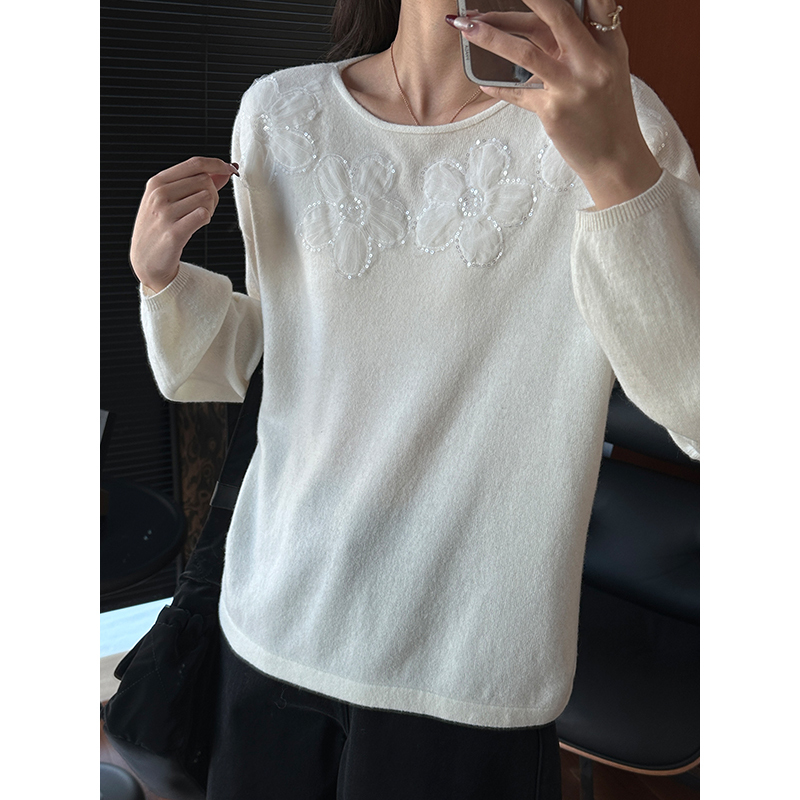 Me【Lace Flower Sweater】100% Sheep Wool Lightweight Retro Embroidered Knitted Warm Sweater Meqa4827