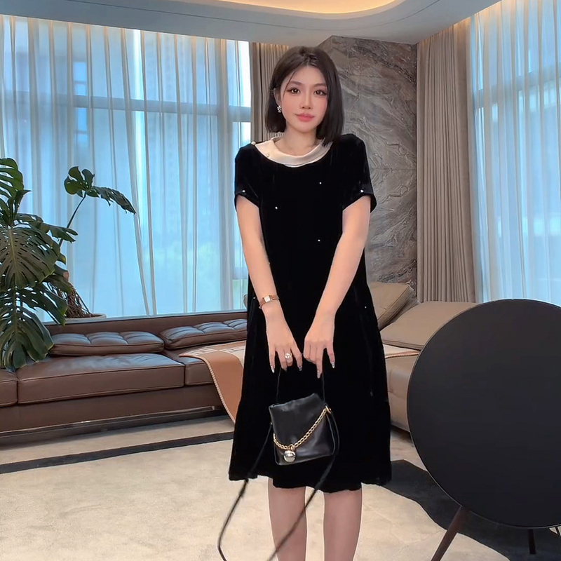 Me【Real Silk Velvet Starlight Dress】100% Mulberry Silk Flocking Technique Color-Contrasting Elegant Fashion Dress Mehs563