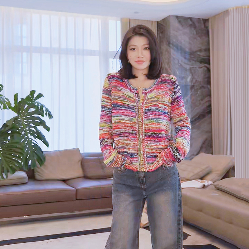 Me【Neon Night】100% Cotton Retro Vaporwave Yarn-Dyed Slimming Versatile Knit Sweater Mesa0882