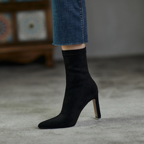 Sturbolea thin artifact ~ autumn and winter black Joker suede elastic thin boots female pointed high heel short boots