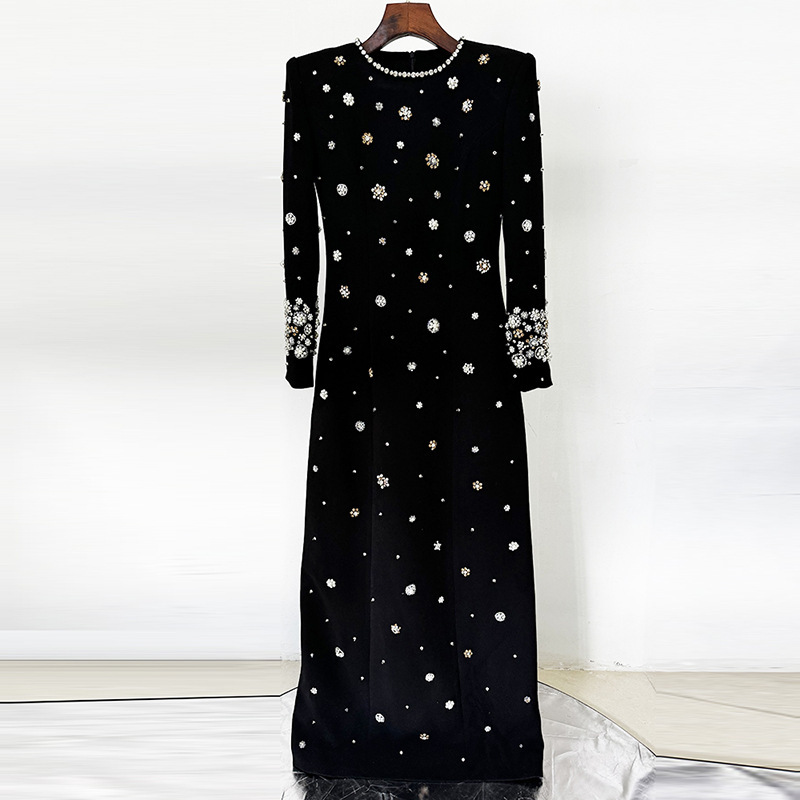 2025 New European and American Celebrity Fashion Heavy Beaded and Rhinestone-Embellished Slim-Fit Slit Long Dress Formal Gown