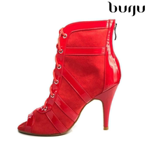 burju-Maddison red high-heeled jazz short boots heels lace-up high heels Latin dance shoes
