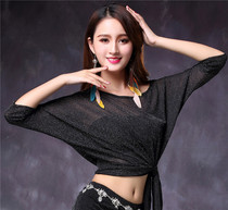 Pratique de la danse en cuir Uniforme dargent Silk Screen Yarn Middle Sleeve Inclined Shoulder Blouses Dance Performance vêtements sur les vêtements