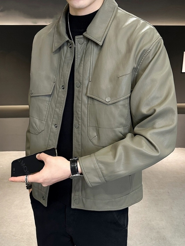 Promotional Price at the Counter: 599 Yuan. 2024 Winter New Men's Clothing, Fleece-Lined Leather Jacket, Men's Leather Coat, Stylish and Slim Fit