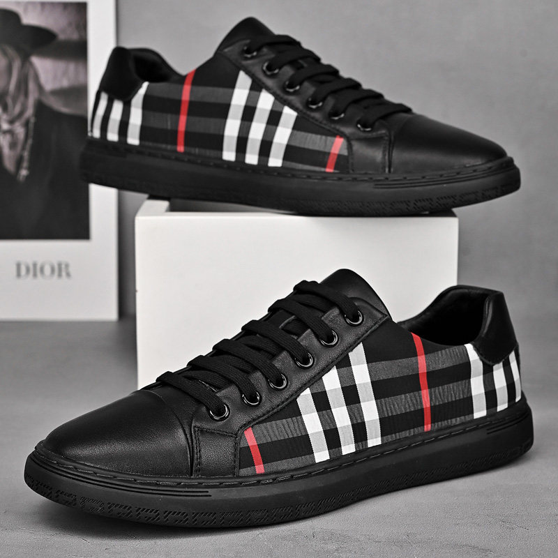 Men's toe layer cowhide summer new all-match men's casual shoes European station leather soft bottom plaid pattern sneakers