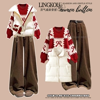 Белый жилет, красный свитер, цветные штаны, комплект