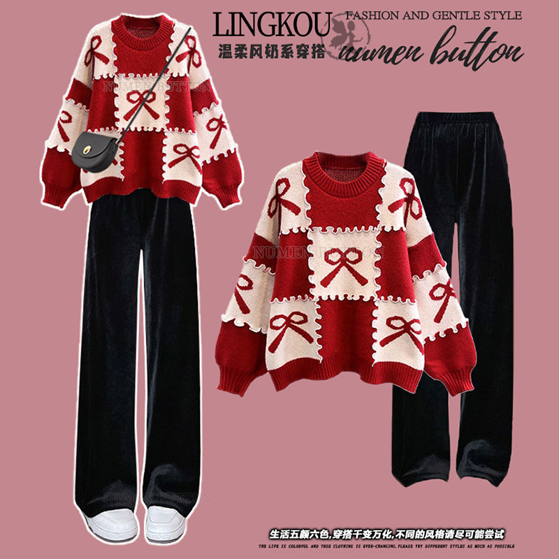 Plus-Size Women's Autumn and Winter Fashion Set, Slimming and Covering the Body, Christmas and New Year Red Sweater and Wide-Leg Pants Two-Piece Set