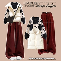 Белый жилет, черный свитер, красные штаны, комплект