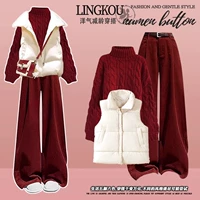 Белый жилет, красный свитер, красные штаны, комплект