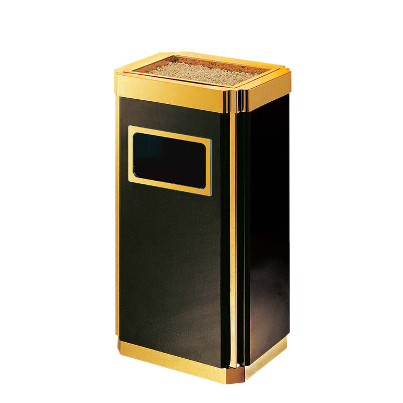Stainless steel square bin Hotel sanitation lobby upright ash fruit leather case gold barking garbage bin with inner barrel 