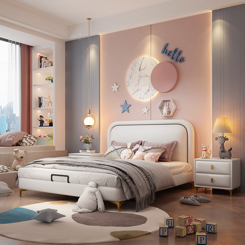 Children's bed Girls modern minimalist light extravagant solid wood Soft bunk bed Boy 1 5 m Single boy girl Princess Bed