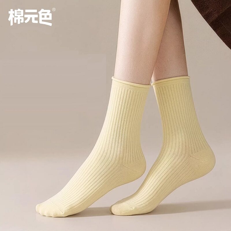 卷边堆堆袜子女款夏季薄款彩色透气棉袜10a抗菌抑菌无骨中筒袜