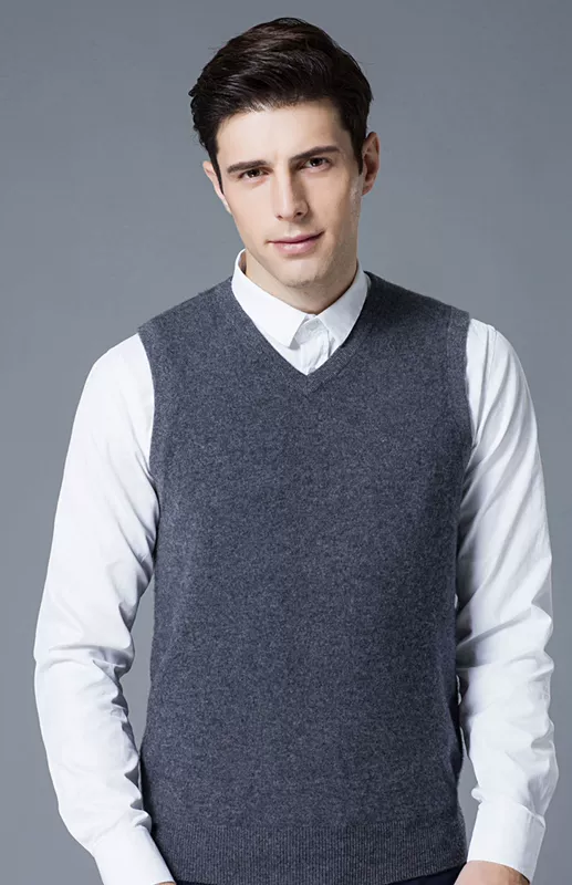 Áo len nam 100% nguyên chất áo len len áo ghi lê nam thắt lưng nam mùa thu và mùa đông mới kiểu áo len cổ chữ V màu không tay - Dệt kim Vest