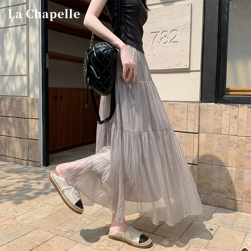 La Chapelle アイスシルク メッシュスカート レディース 夏 薄手 ドレープ アンブレラスカート 大きめ スイング Aライン プリーツ シフォンスカート