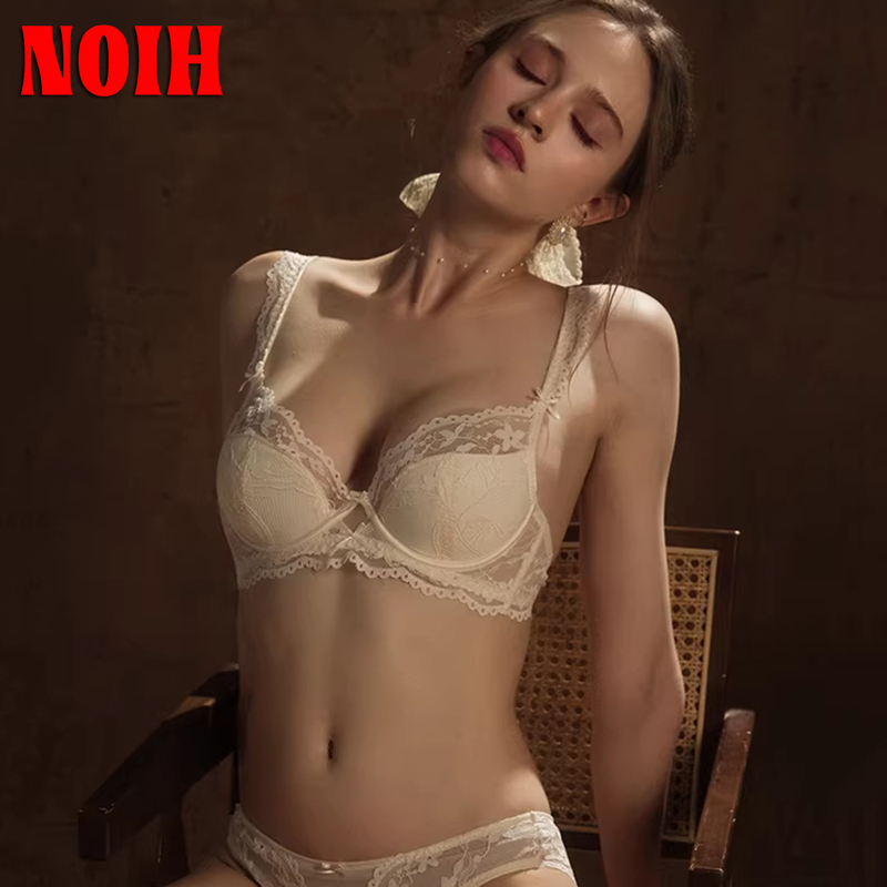 Japanese Noih Lace Lingerie for Women with Large Busts, Minimizing Effect, Autumn and Winter Thin Breathable Soft Underwire Sexy Push-Up Bra Set