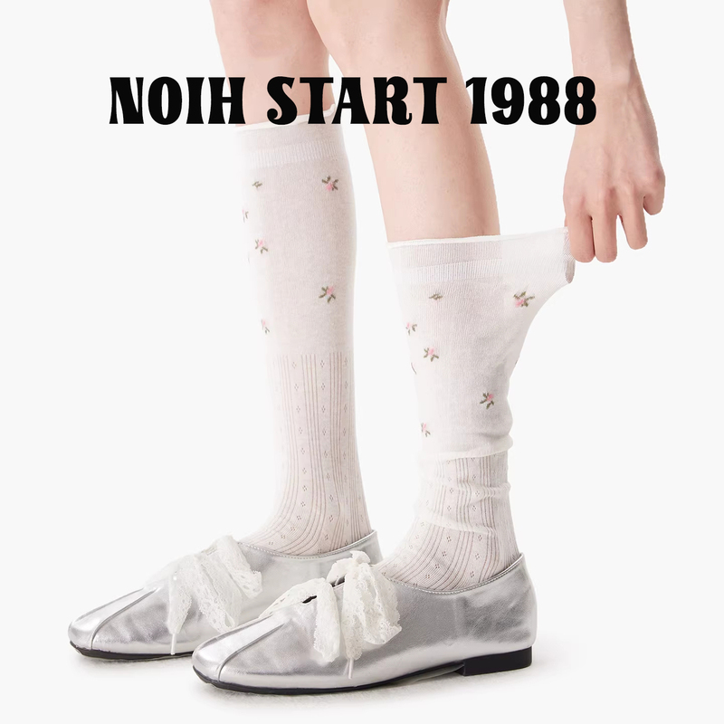 Japanese Noih Women's Socks, Floral Knee-High Socks, Spring and Summer Thin Ballet-Style Long Socks Paired with Mary Jane Shoes