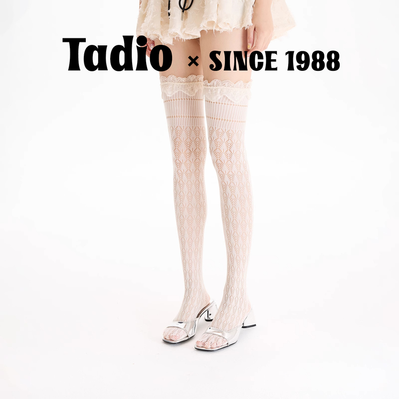 Japanese Noih French Retro Slimming Hollow Lace Thigh-High Socks with Lace Trim and Diamond Pattern for Women