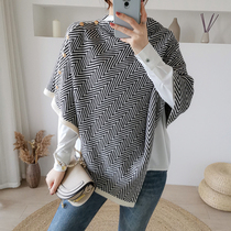 Black and white striped office air-conditioned room shawl cloak female outer wear thick knitted scarf dual-use warm cervical spine protection