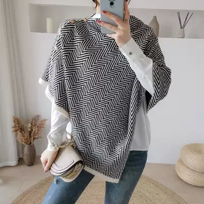 Spring and Autumn Stripe Office Air-conditioned Room Shawl Cloak Women's Outer Thick Knitted Scarf Dual-purpose Warm Cervical Verse