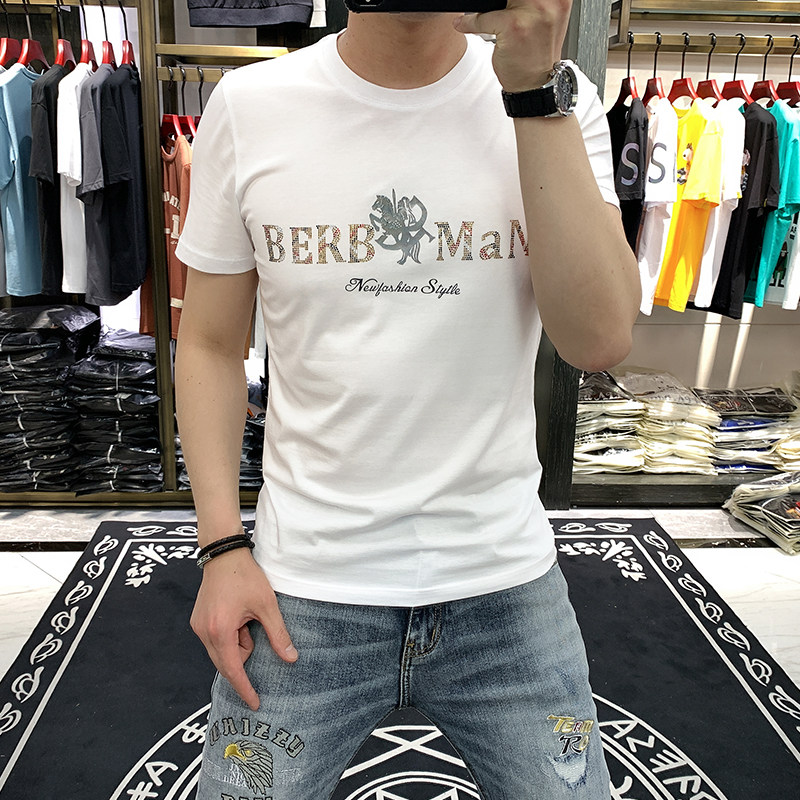 Summer boarder short sleeve T-shirt men's European Station Rider Hot Drilling Printed 100 Hitch Silk Light Cotton Half Sleeve