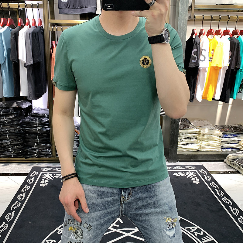Summer new round collar short sleeve T-shirt Men's Korean version Trend youth Body Pure color minimalist Embroidery Casual Half Sleeve