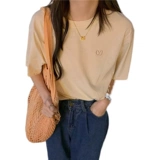 Японская однотонная брендовая летняя футболка, с вышивкой, круглый воротник, свободный крой