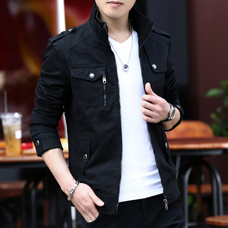 Workwear Military Jacket for Men, New Spring and Autumn Pure Cotton Multi-Pocket Stand Collar Coat, Trendy Slim-Fit Thin Canvas Jacket