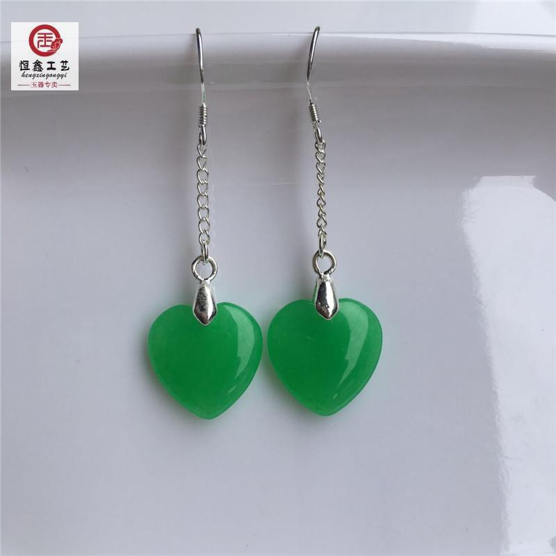 Natural Malay Jade Earrings Love Ear Line 925 Pure Silver Emerald Color Monarch Green Long earbuds true brand new-Taobao