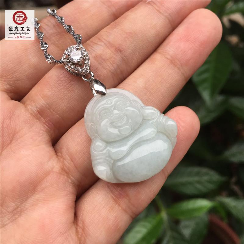 Natural brand new Myanmar A cargo necklace laughing Buddha pendant 925 silver inlaid jade Buddha male item pendant jade pendant jade pendant jade pendant this year-Taobao